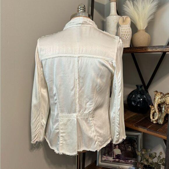 Jaga Satin Ivory Blazer Jacket Raw Hem Edges Womens SZ 1 (US 6) Tie Close Rayon - Picture 2 of 10